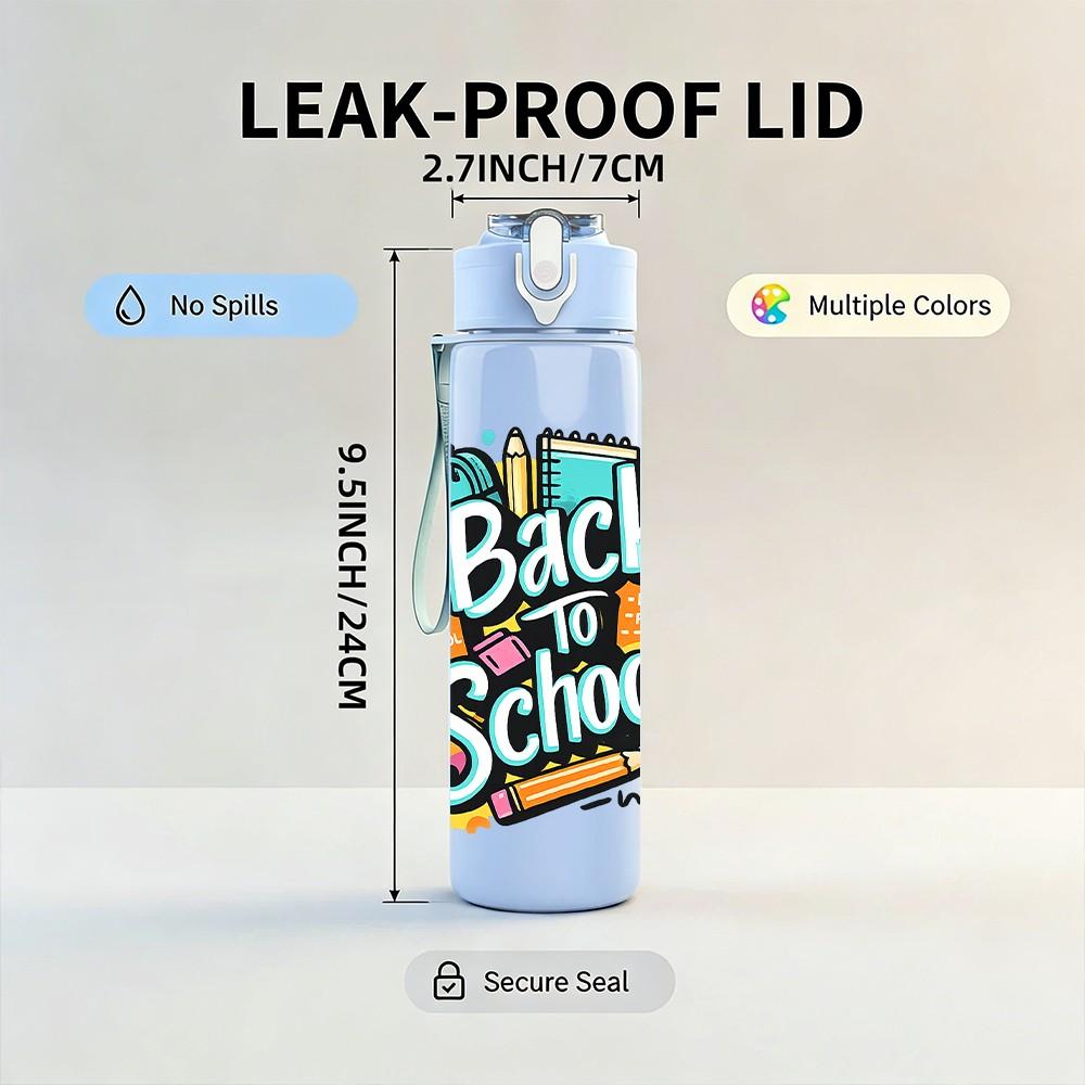 1PC Colorful Back To School Theme 750ml Color Plastic Sports Water Bottle Leakproof Flip Straw Lid Suitable for Sports Office Home Use