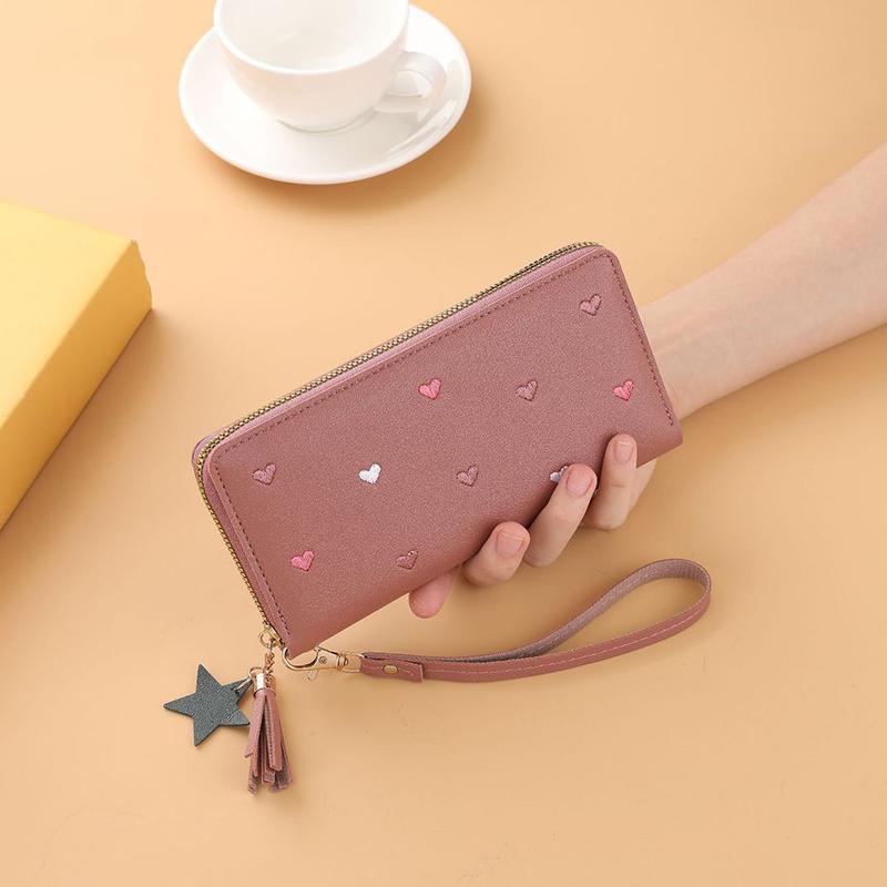 New Long Women Wallet With Heart-Shaped Korean Style Tassel Embroidery Card Holder For Women