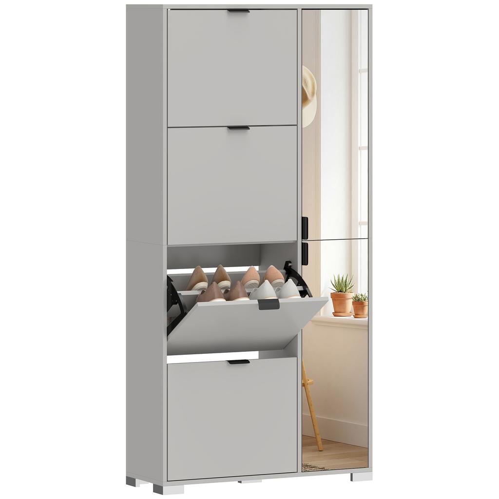 Shoe Rack with Mirror, 4 Flap Drawers, Gray