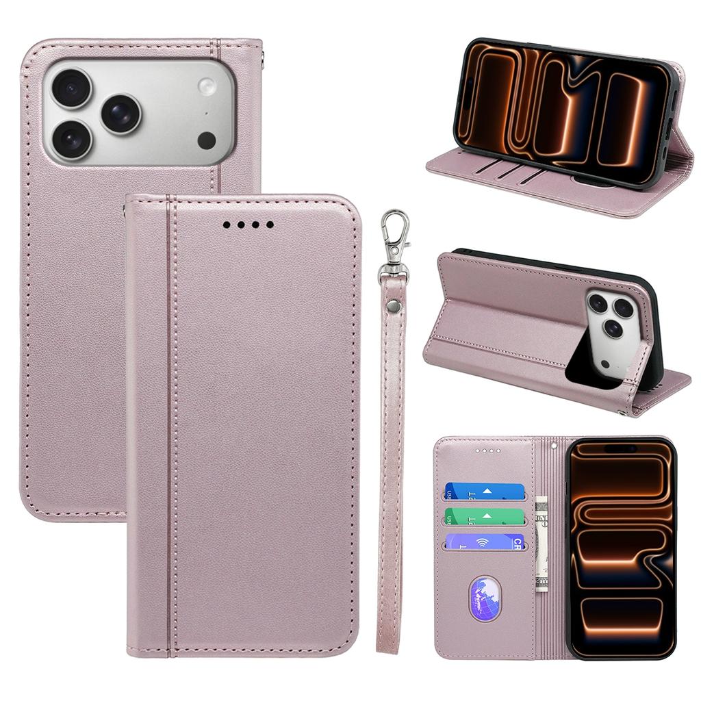 For iPhone 17 Pro Wallet Case Magnetic Closing PU Leather Phone Cover with Wrist Strap