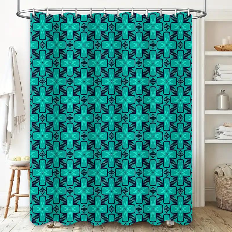 Modern Style Blue Black Geometric Printed Shower Curtain For Bathroom Decoration 72 X 84 Inch Size Set With Hooks Included