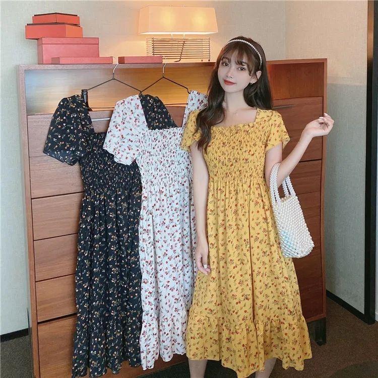 New Spring Summer Dress Women Mini Dresses Female Short Sleeve Elastic Bust Printed Floral Pleated Backless Casual Dress