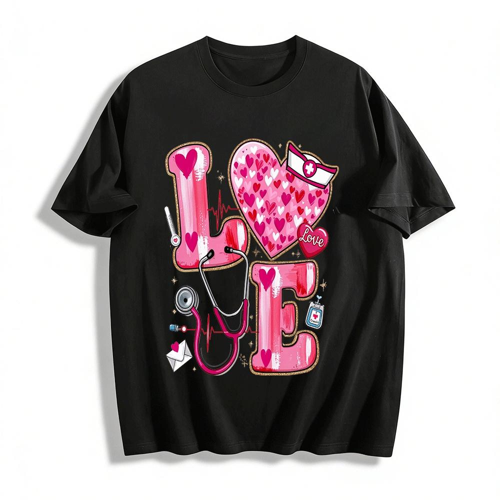 Love Themed Nurse Print Casual Top For Medical Workers Pure cotton T-shirt XXS
