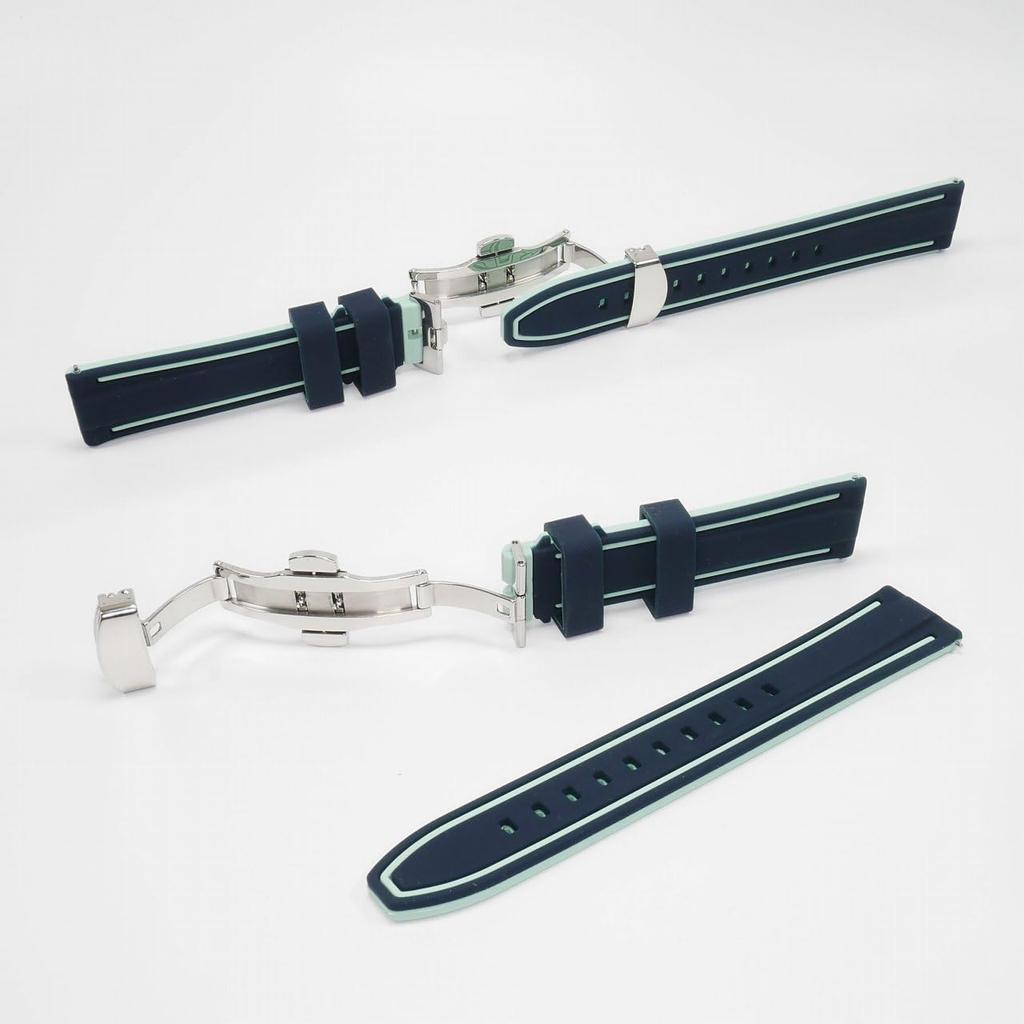 Swatch X Omega Compatible Rubber Strap with Type Green D-buckle, Double-line (dark Green/mint Lines)