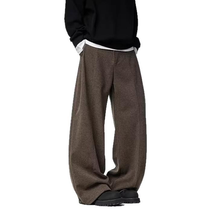 Old Money Woolen Trousers Men's Autumn and Winter Thickened Loose Straight Pants Boys A-shaped Soft Waxy Wide-leg Casual Pants