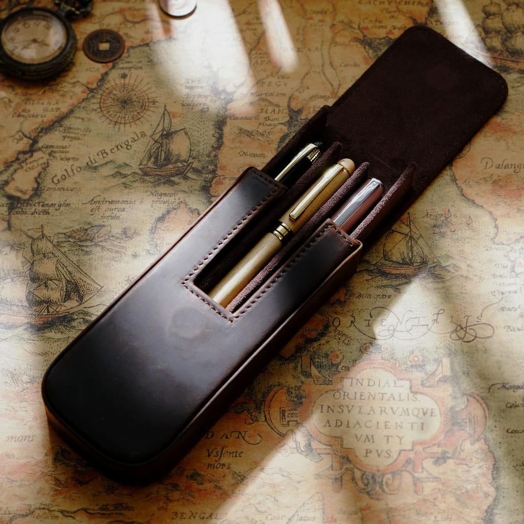 Retro Genuine Leather Zipper Closure Fashion Durable Pencil Drawer Organizer Crazy Horse Cowhide Pen Storage Three Pen Case Bag