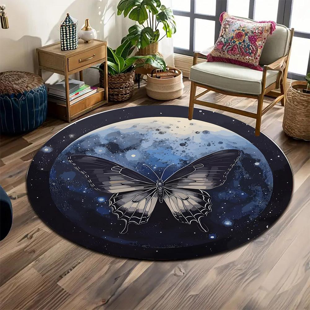 "Butterfly Over Moonlit Galaxy" Print Round Rug, Living Room, Bedroom, Playroom Carpet, Non Slip Floor Mat, Gift