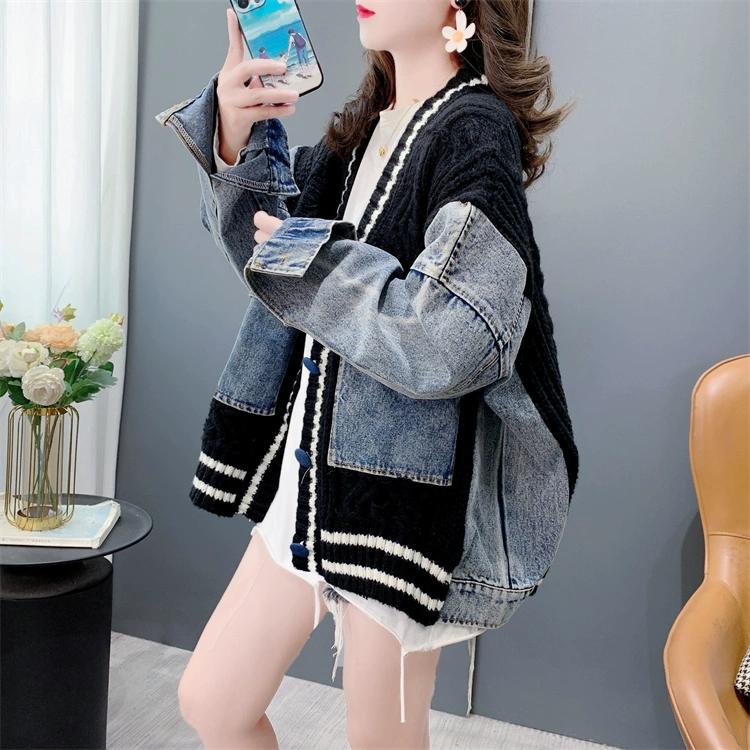 Dimanaf 2025 Winter Coat Women Jacket Sweaters Denim O-Neck Buttons Patchwork Knitting Basic Blue Fashion Loose Sweater