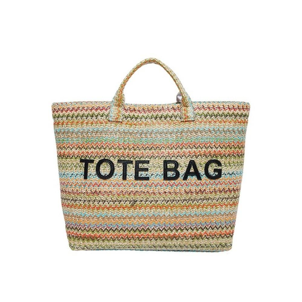 Large Capacity Letter Prints Handbag Striped Beach Bag Cute Straw Woven Tote Bag  Storage Bag зелёный