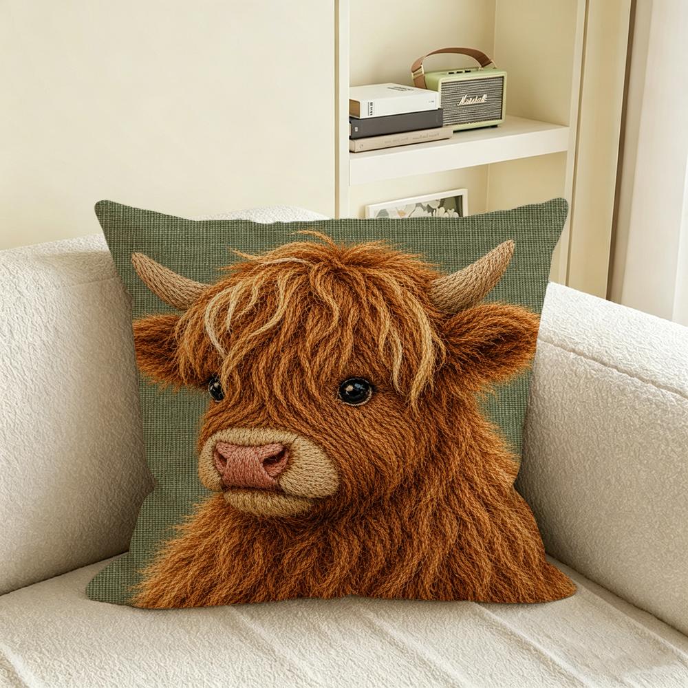 Tier D Flachgedruckter Hochlandrind Kissenbezug Natürliches Leinen Kissenbezug Set All-in-One Dekoration für Sofa Schlafzimmer Stuhl
