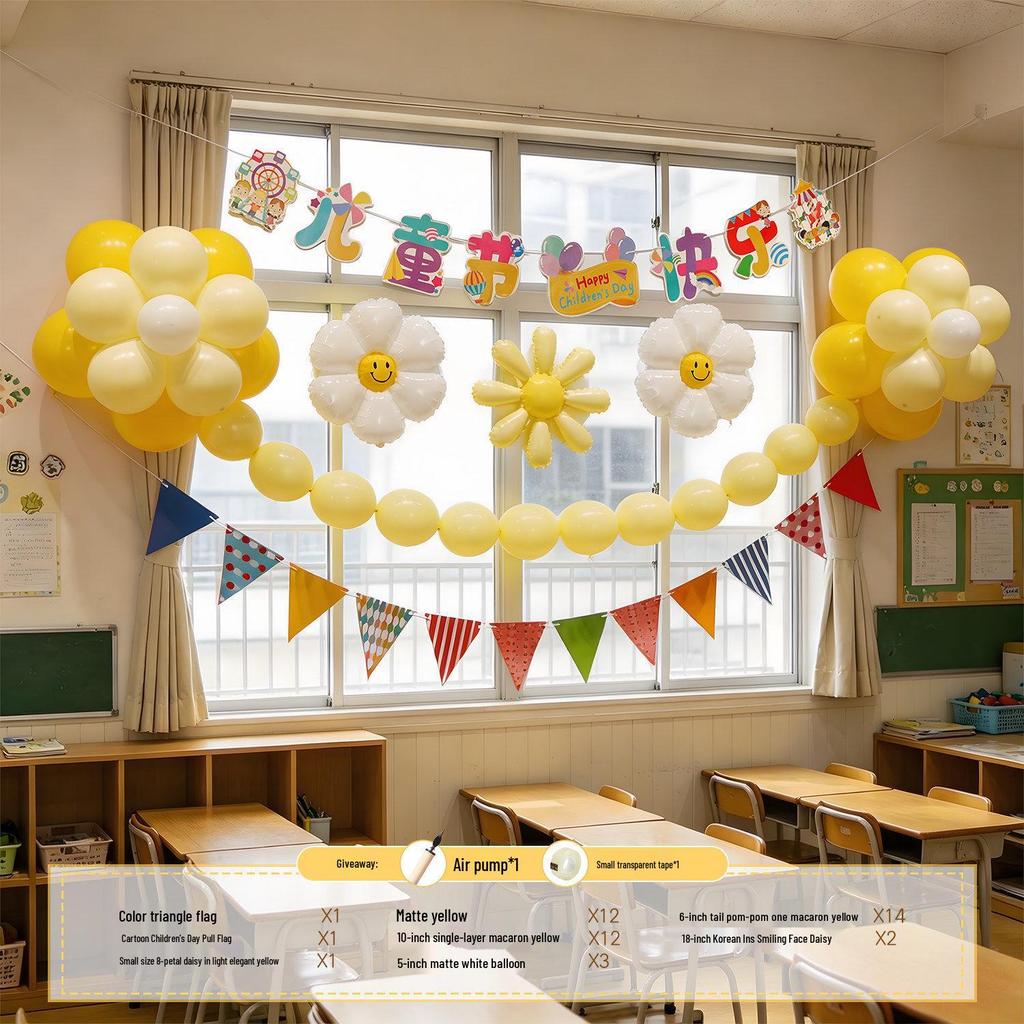 Children's Day Classroom Decorations: Blackboard, Flowers, Balloons, Flag Banners for Kindergarten Atmosphere and Photo Setup