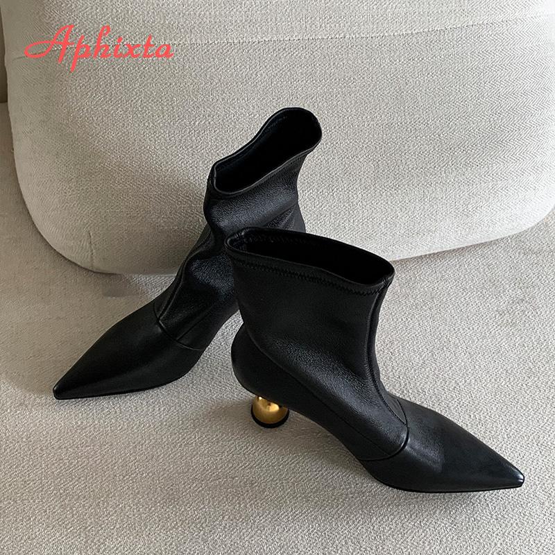 Aphixta Woman Ankle Boots Strange Style Heel Black Modern Boot Pointed Toe 6.5cm High Heels Soft Leather Woman 2025 Trend Shoes