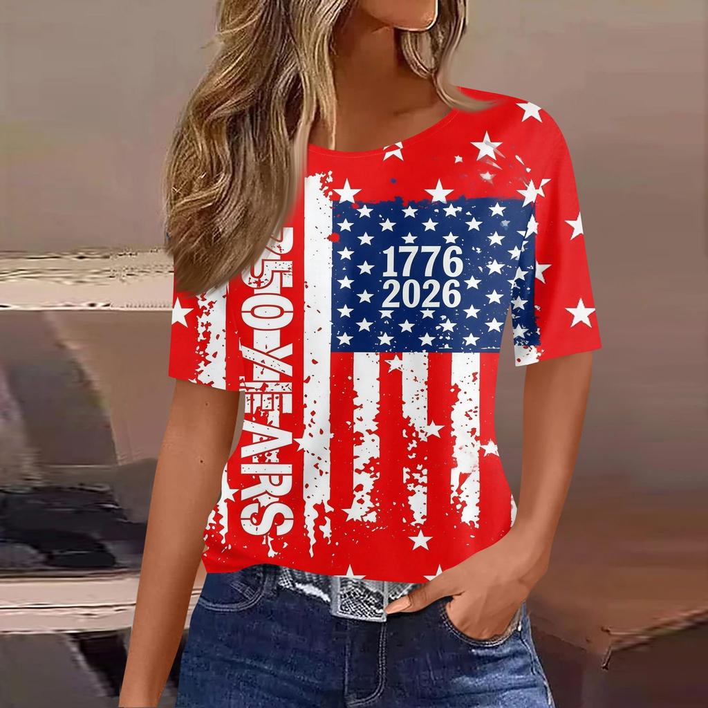 Women's Fashionable Casual Short Sleeve Print Round Neck Pullover Top