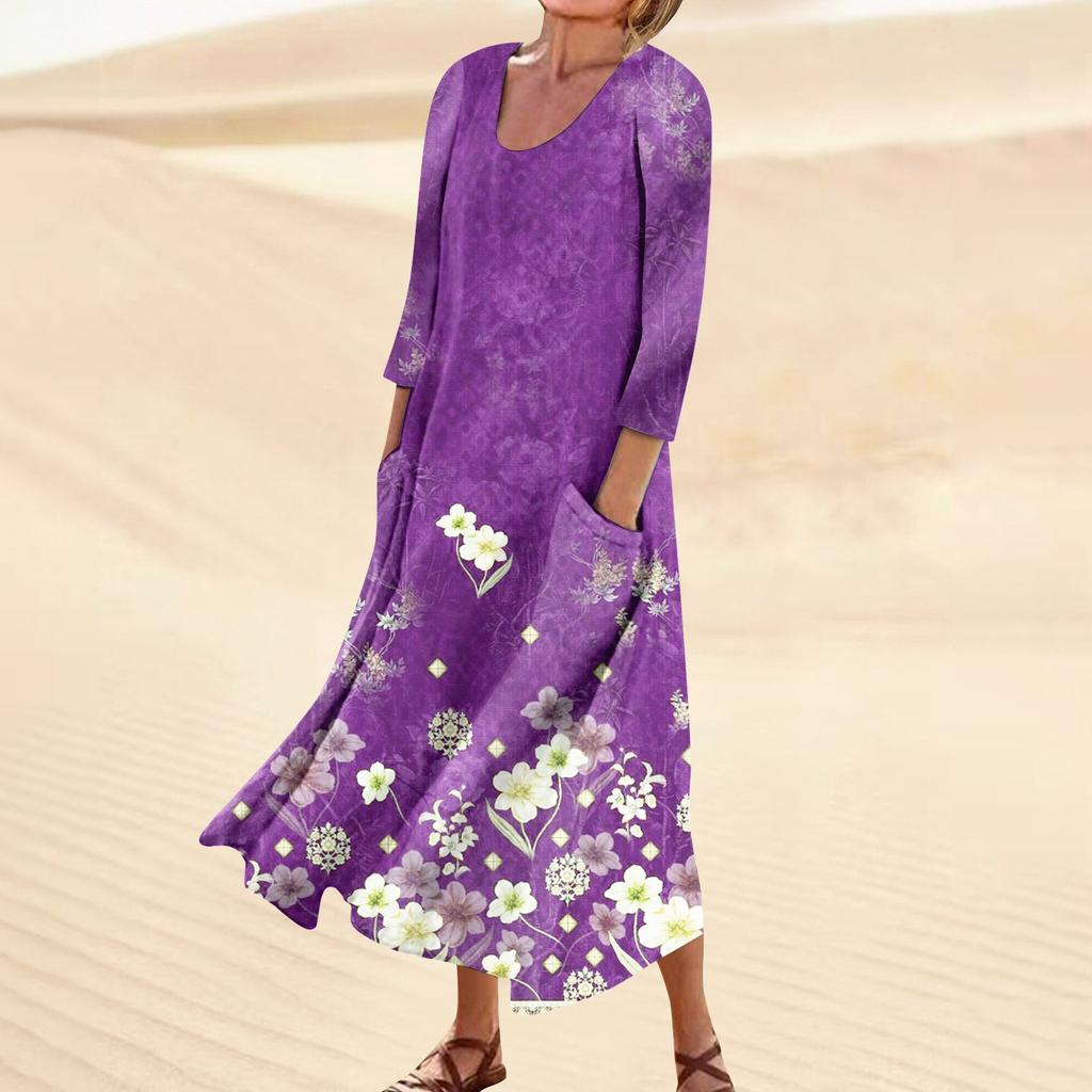 Kleid für Damen, Frühling, Boho, lässig, modisch, 3/4-Ärmel, Kleid für den Urlaub, große Größe