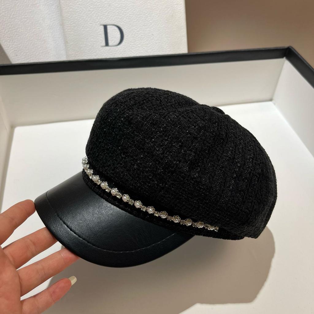 Dongdaemun Tail Order High Quality Fine Flash Small Fragrant Wind Octagonal Hat Spring And Autumn Versatile Rhinestone Rough Tweed Newsboy Hat Girl
