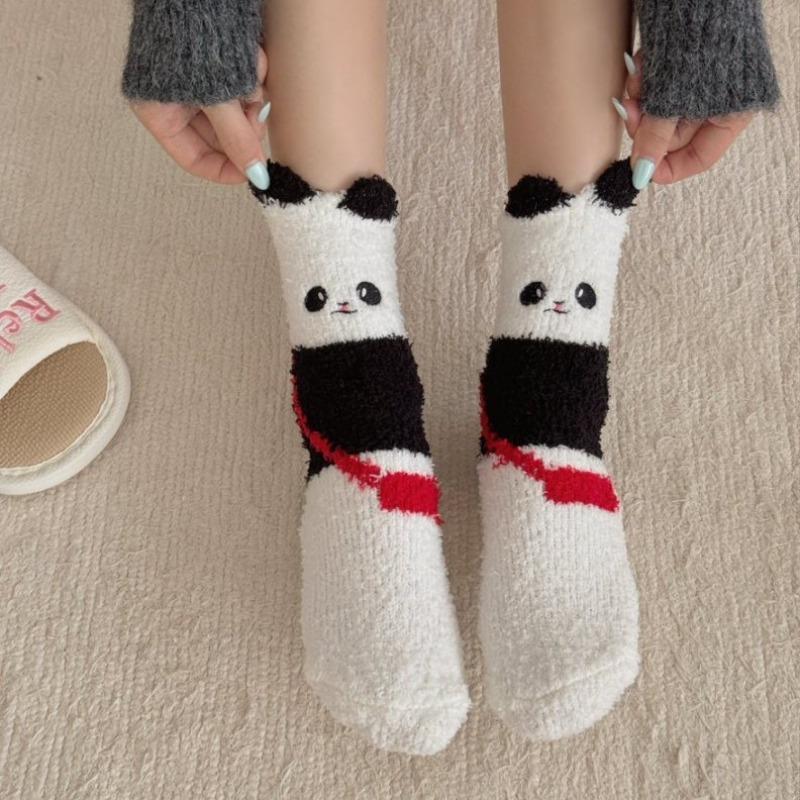 Autumn and Winter Coral Fleece Socks for Women's Home, Cute and Fluffy Panda Thickened Warm Sleep Socks, Floor Socks, Mid-calf Socks