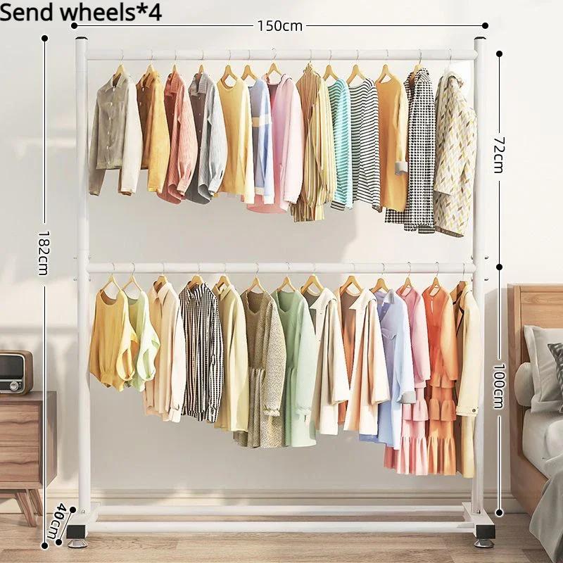 Simple Rolling Clothes Rack Floor Hanger Large Assembled Wardrobe Shoe Shelves Double Layers Coat Hanger Stand Home Furniture