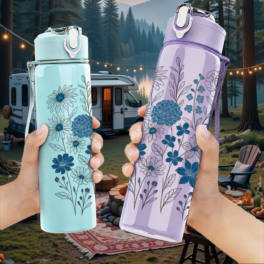1PC Blue Tone Floral Arrangement 750ml Color Plastic Sports Water Bottle Leakproof Flip Straw Lid Suitable for Sports Office Home Use