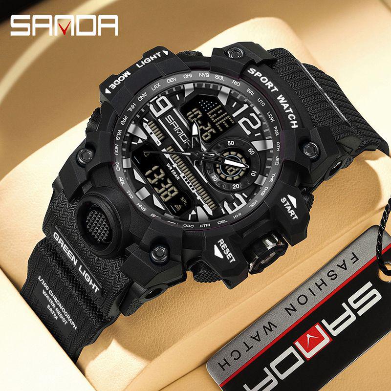 SANDA Tecnología Negra Doble Pantalla Impermeable Adolescente Casual Reloj Despertador