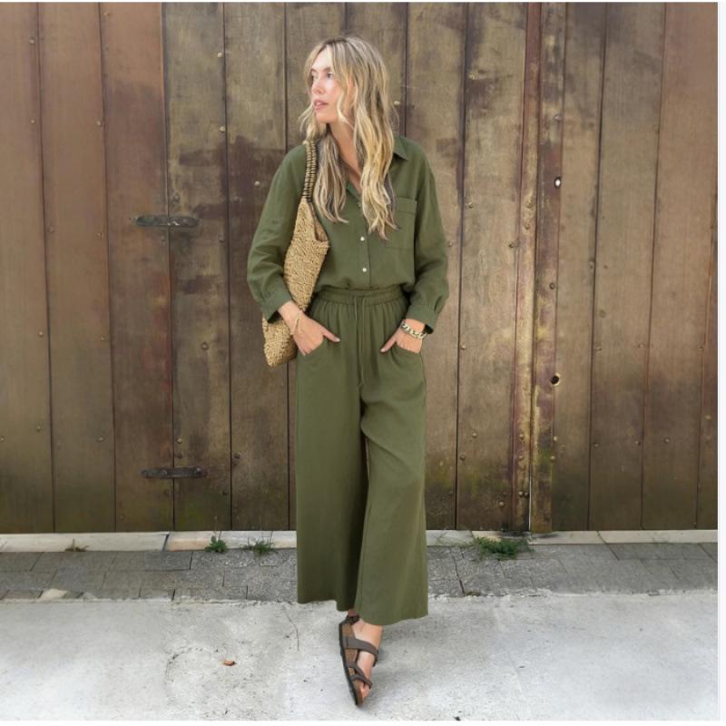 Spring Fashion Women's Plus Size Two-Piece: Linen-Style Shirt & High-Waisted Loose Pants