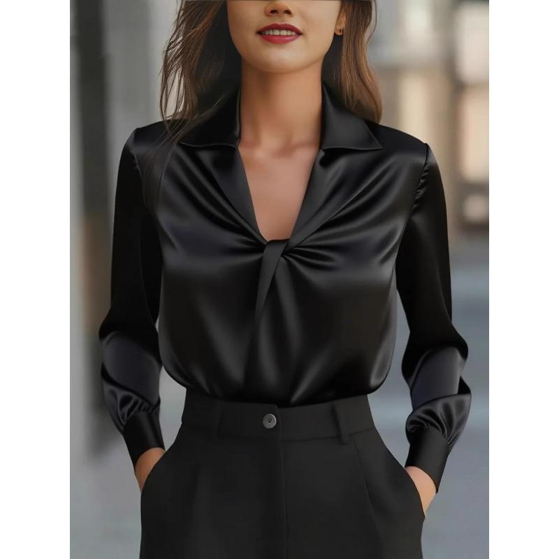 Women Spring Satin Twist Front V Neck Blouse Office Work Elegant Top