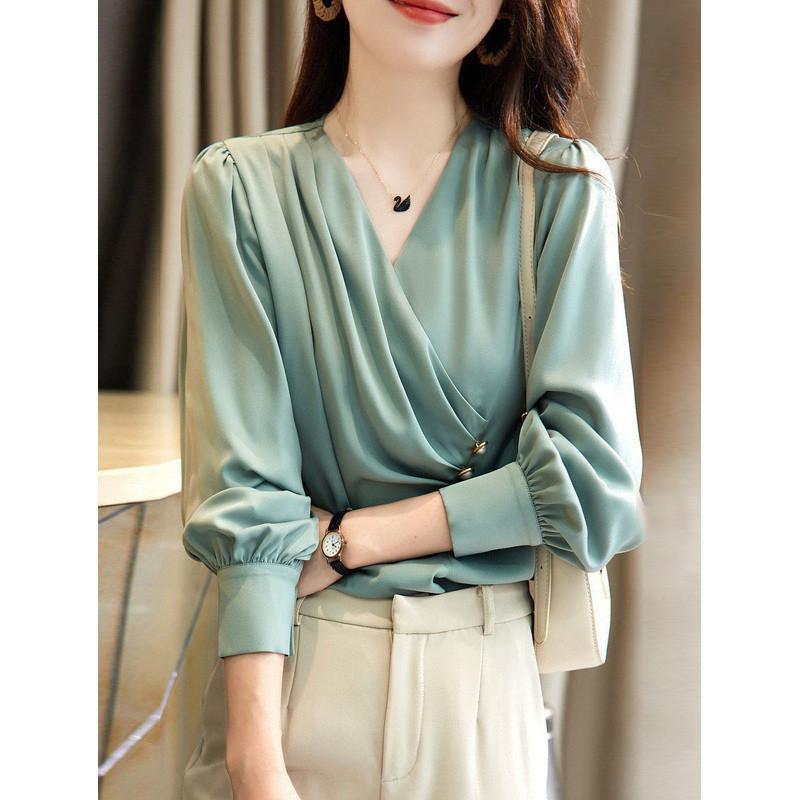Satin Elegant Buttons Ruffled Office Lady Party Blouse Shirt Fashion Autumn Solid Long Sleeve V-neck Pullover Tops Women Blusas