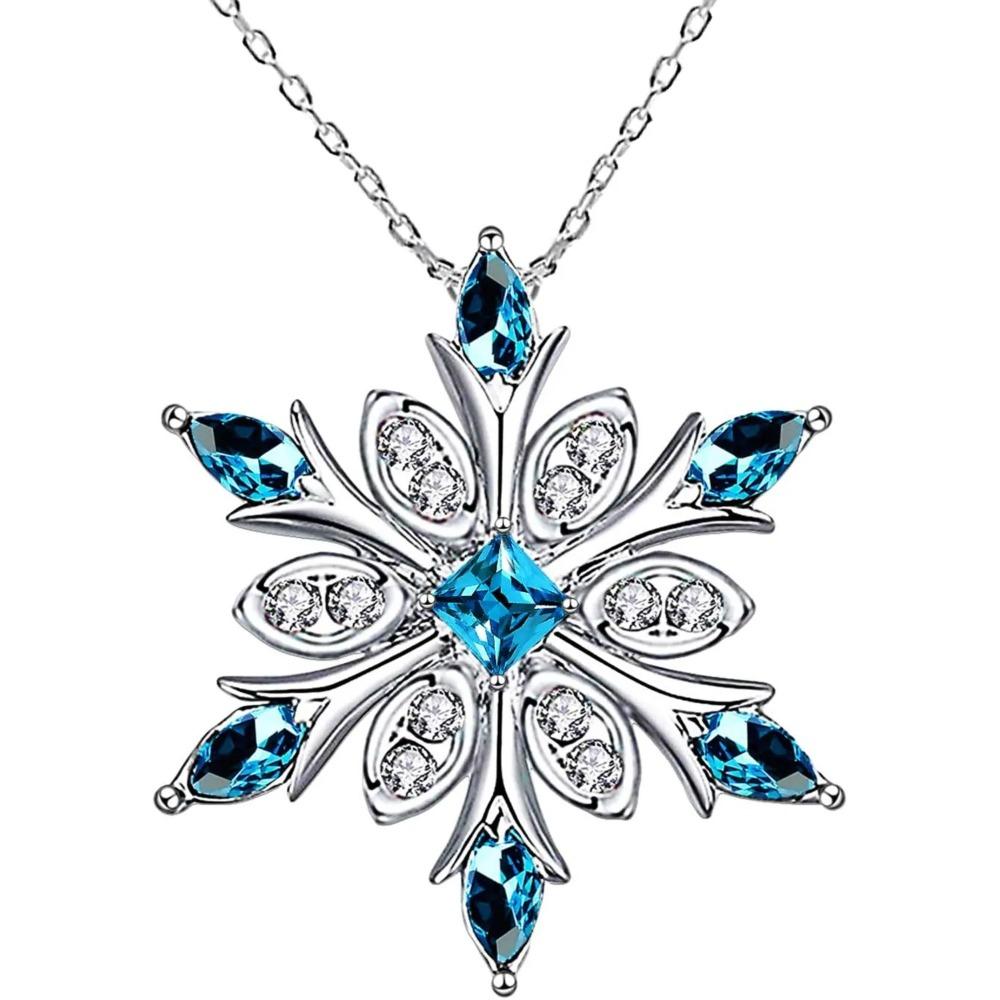Women Silver Plated Blue Crystal Snowflake Pendant Necklace Christmas Winter Jewelry Gift Collarbone Chain 40cm