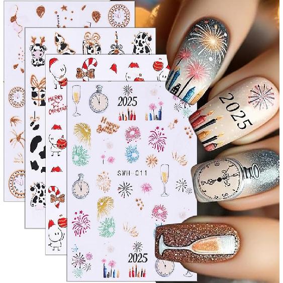 4 Sheets Christmas Nail Stickers for Nail Art 3D Self-Adhesive White Snowflake Nail Art Stickers Winter Xmas Tree Elk Design French Tip Nail Decals