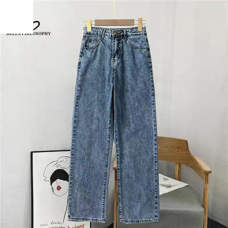 

Винтажные синие джинсовые брюки, женские корейские шаровары с высокой талией, модные повседневные прямые длинные брюки с карманами, свободные широкие брюки