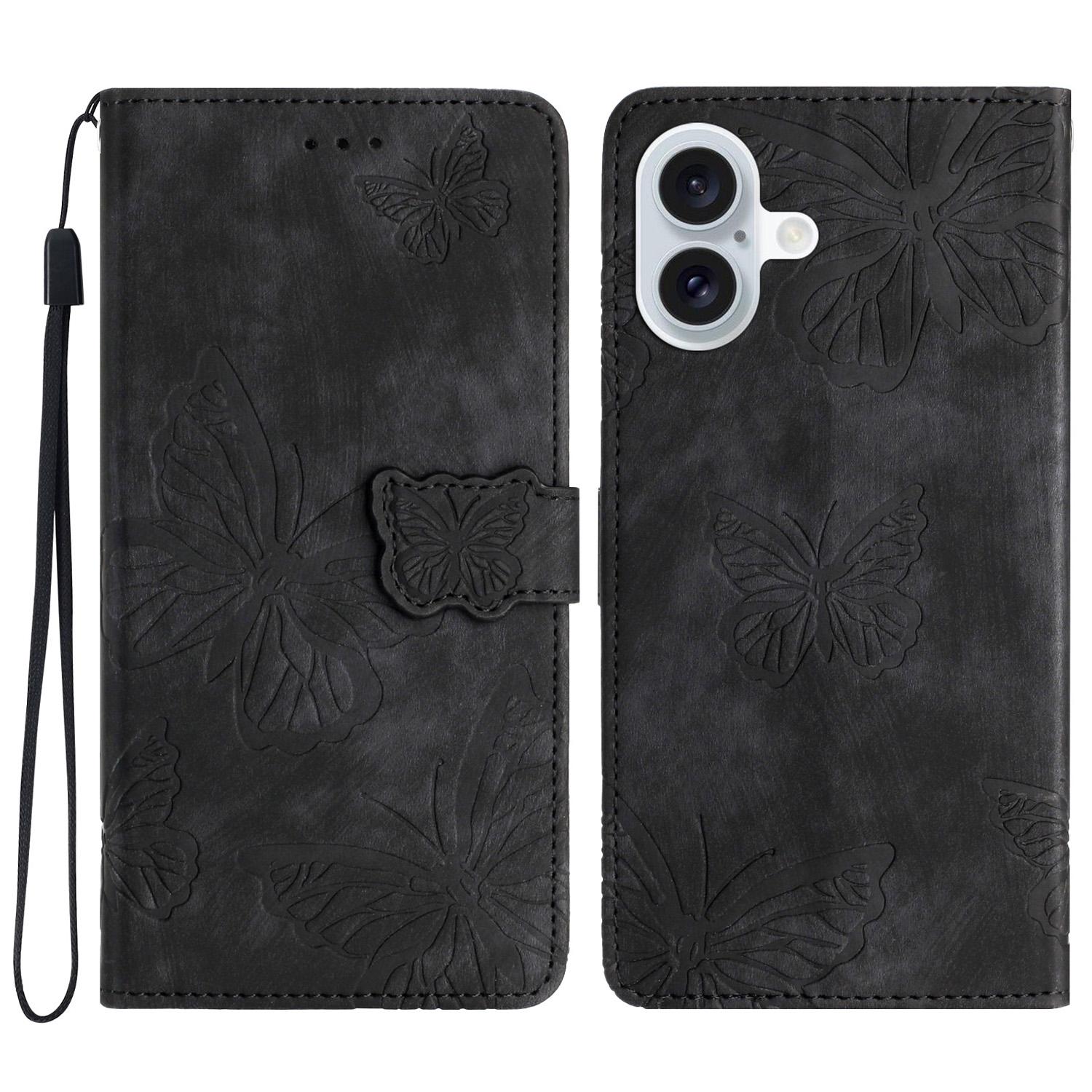 

For iPhone 16 Plus Case Butterfly Flip Stand PU Leather Phone Cover Black