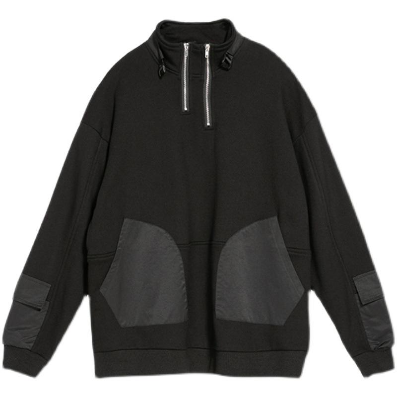 Black Street Style Slimming Pullover with Patch Pockets
