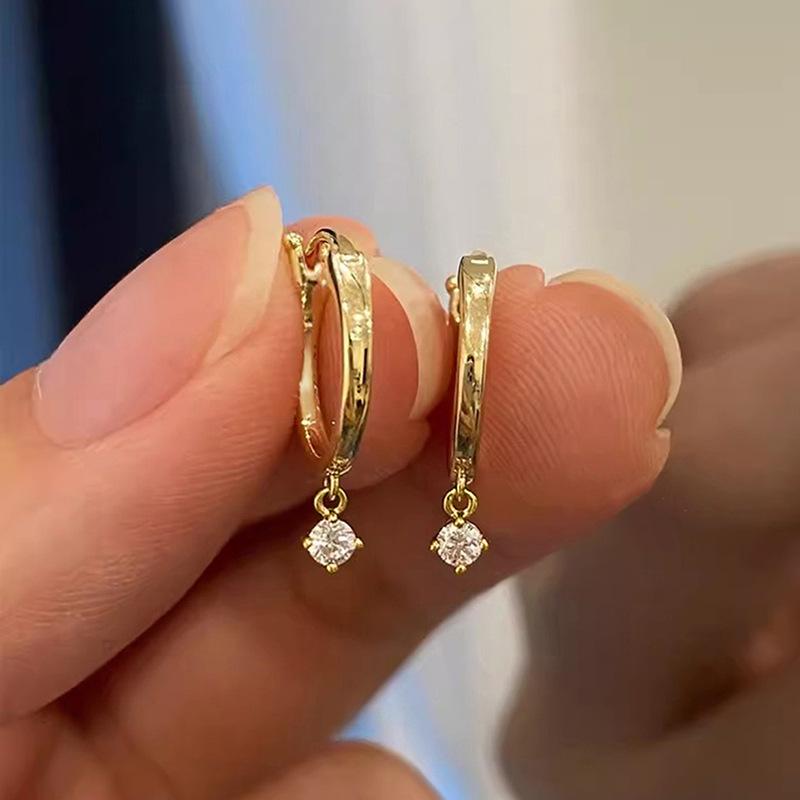 Gold Plated Mini Huggie Hoop Earrings with Solitaire CZ Drop, Dainty Dangling Crystal Earrings for Women