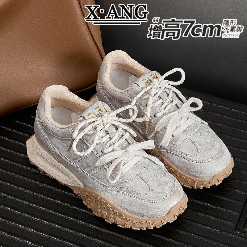 Leather inner heightening women's shoes spring new lightweight platform casual sports dad shoes