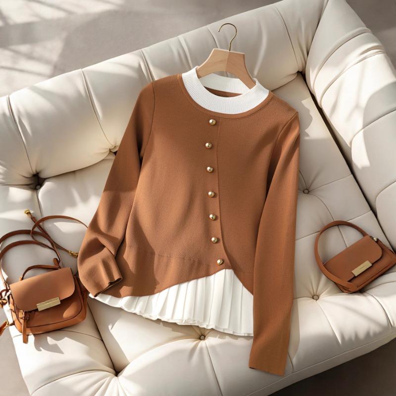 Autumn Winter Casual Fashion Patchwork Pleated Knitting Top Women Elegant Buttons Bottomed Sweater Top