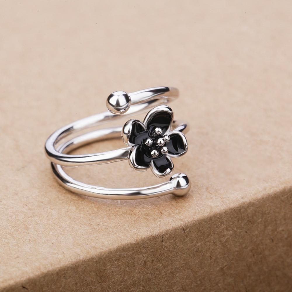 Open Ring S925 Silver Plated Black Flower Adjustable Romantic Love Ring Creative Gift for Women Students