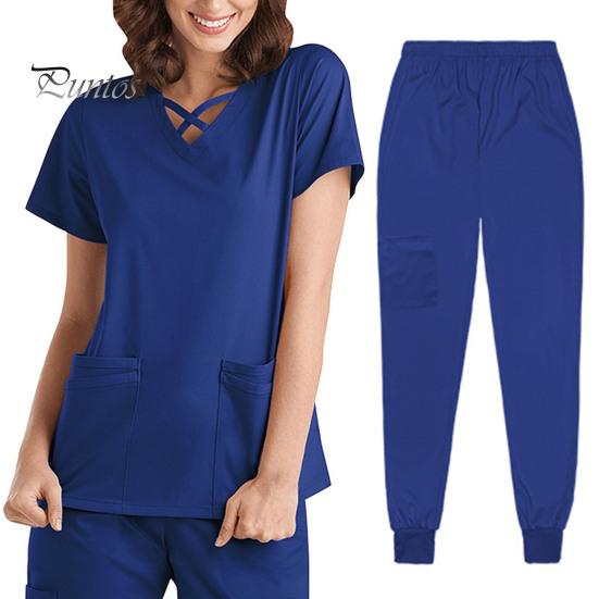 2st/set Unisex sjukhusuniformset V-ringad kortärmad fickor Toppar Elastiska midjebyxor Snabbtorkande sjukhustandvårdsskrubbuniformer