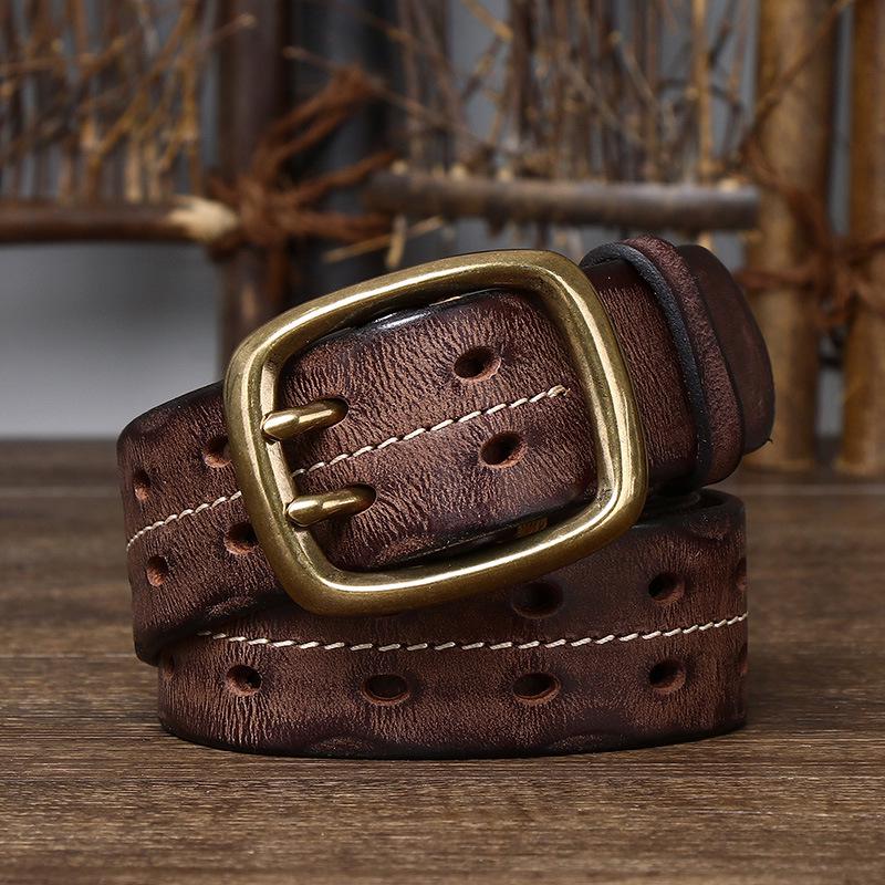 Genuine Leather Distressed Double Pin Buckle Belt - Retro Korean Style for Men’s Casual Jeans