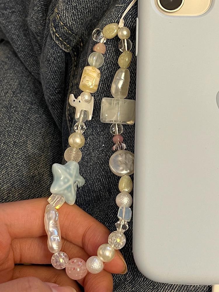 Korean Cute 3D Star Pearl Cat Beads Phone Chain Pendant For iPhone Samsung Accessories Girl Jewelry Strap Lanyard Hanging Cord