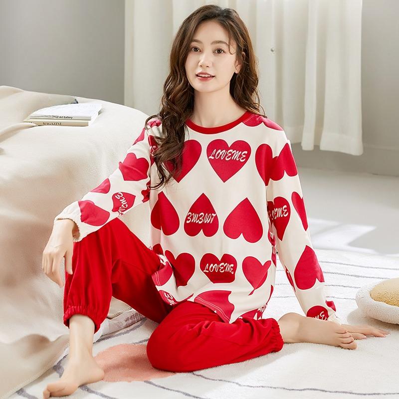 Spring autumn letter Print Pajamas Set with Chest Pad for Women thin cotton Long Sleeve Tops and Pants Sleepwear Female Homewear