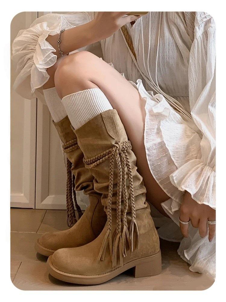 

Boots Maillard Wasteland Wind Hemp Rope Fringed Knight Boots But Knee Boots Women s Western Pile Boots Autumn 40