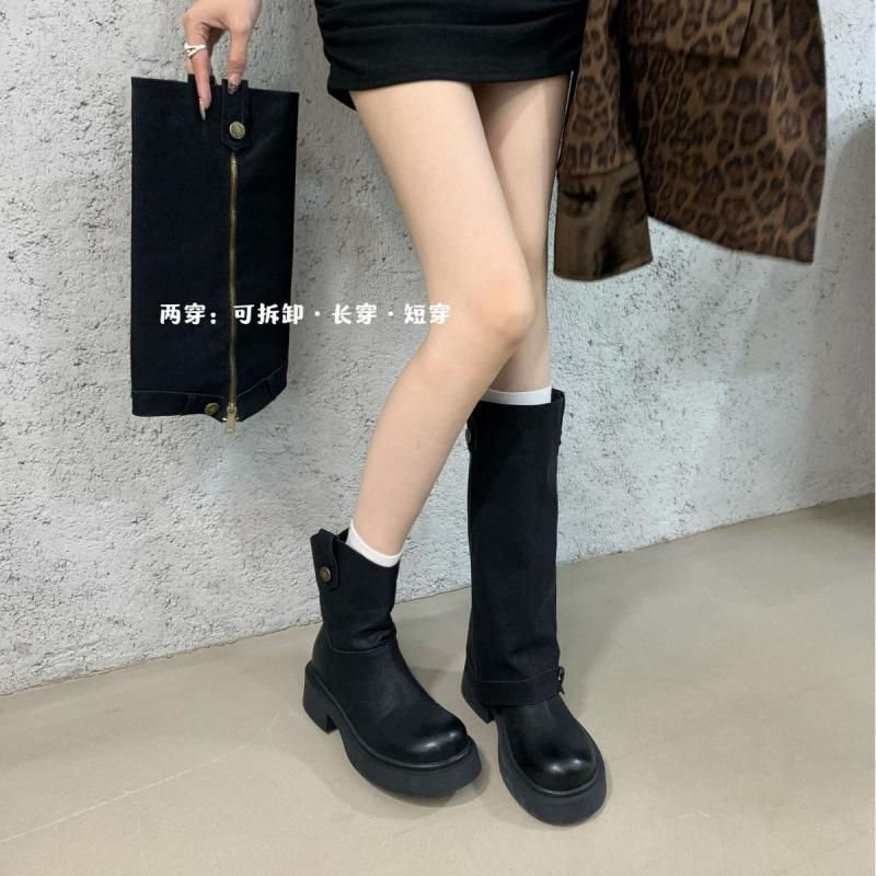 Thick heel retro trouser tube boots long boots women's 2025 autumn and winter new removable knee high boots short boots women