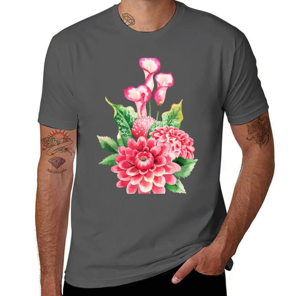 Watercolor bouquet of dahlia and calla lily flowers TShirt Plus Size Street Style Tee
