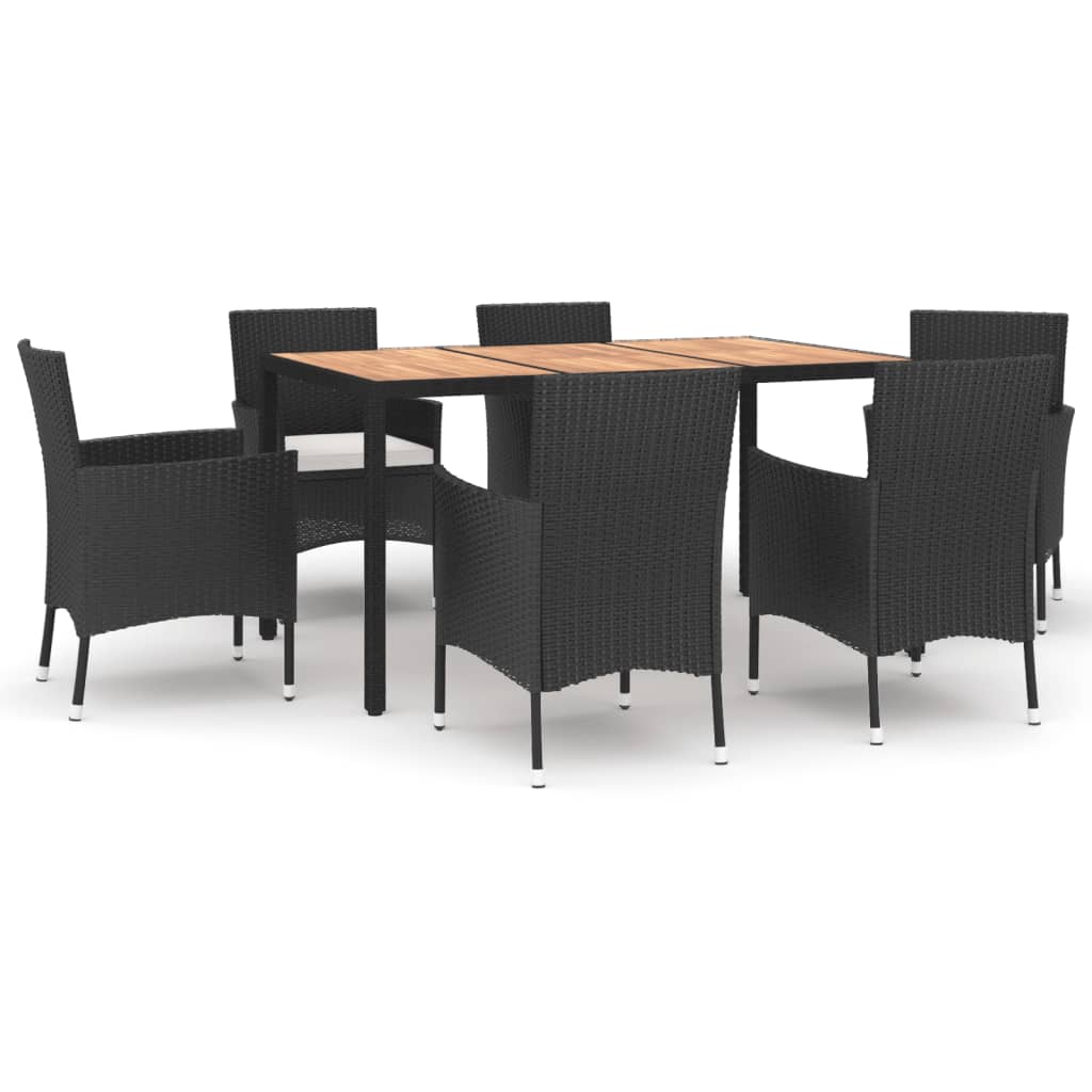 7 Piece Garden Dining Set with Cushions Black Poly Rattan
