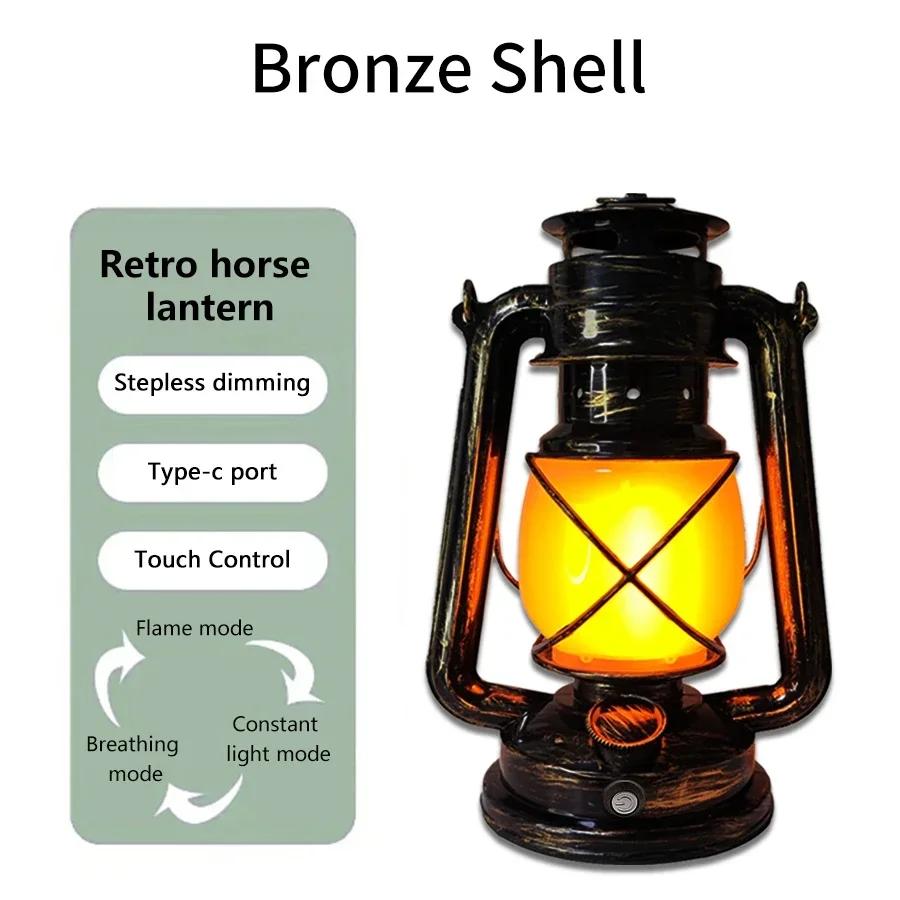 

Flame Effect Vintage Lantern Portable Camping Light USB-C Rechargeable 1200mAh Battery Bar Restaurant Christmas Decoration Bronze