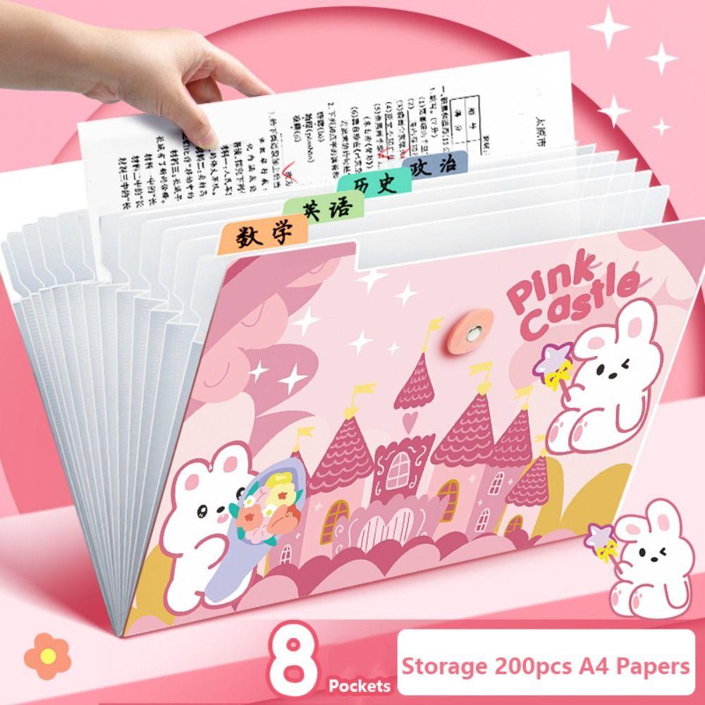 

8/13 Pockets A4 File Folder Waterproof File Organizer Creative Document Bag Pink-8 Pockets