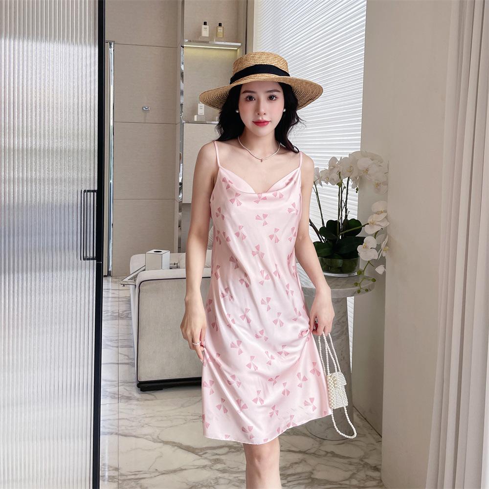 Summer new pajamas women's ice and snow silk thin suspender swing collar pure desire pajamas printed medium and long skirts