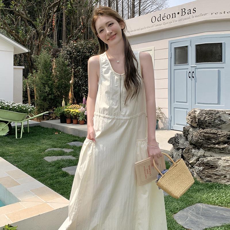 

2025 Summer Retro Zip Waist Slim Pocket Vest Dress DJ6838 Large (120-130 jin) белый