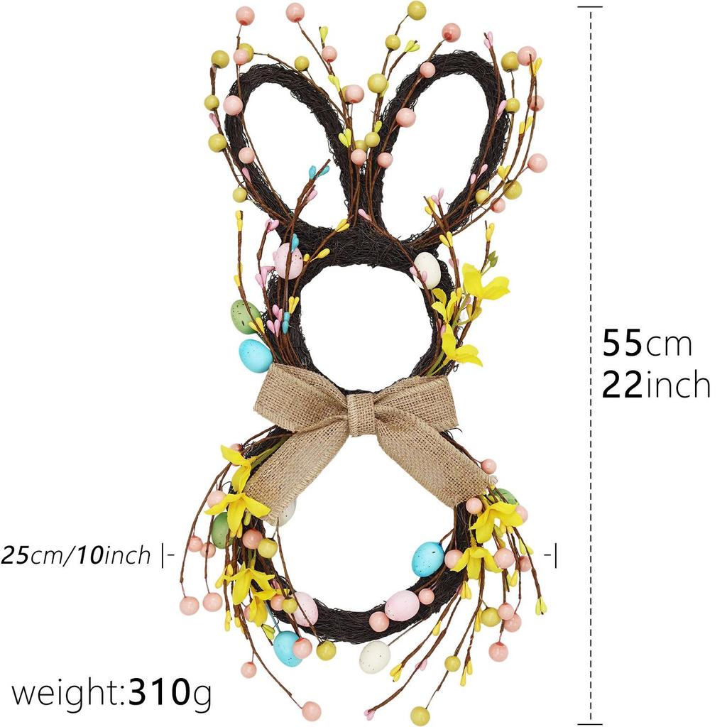 Easter Bunny Rattan Wreath Pendant: Forest-Style Egg Ring Door Hanger Wall Decor