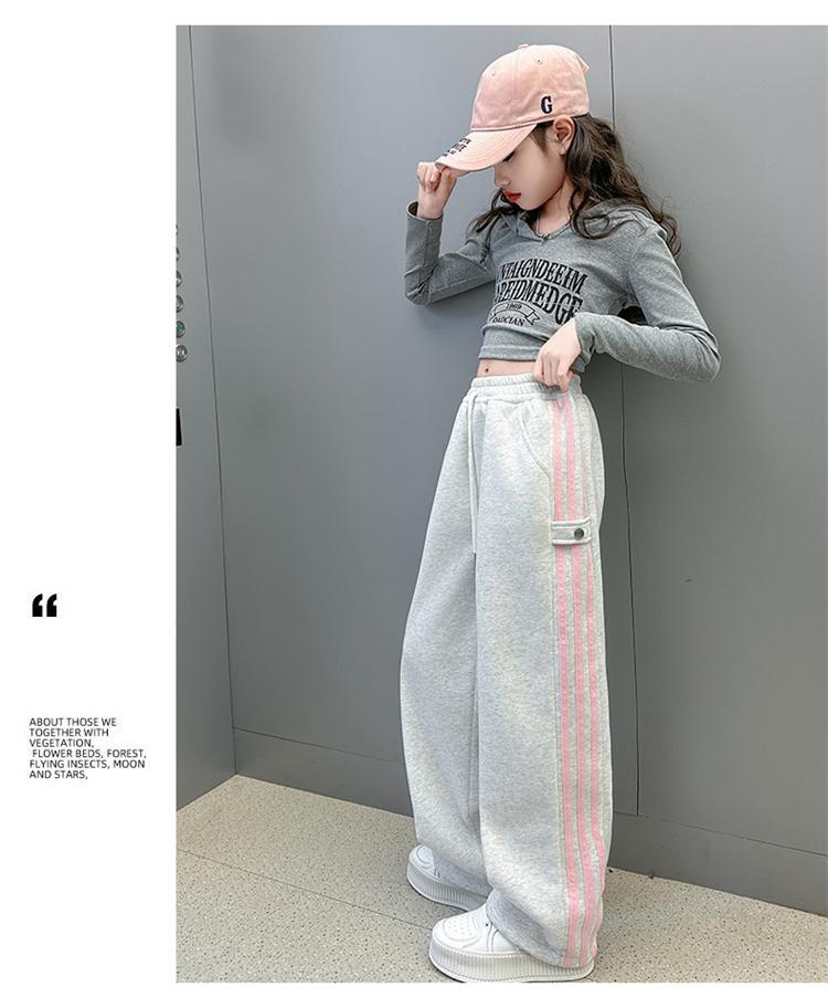 Girls' Spring/Autumn 2025 Side Stripe Sporty Casual Wide-Leg Pants