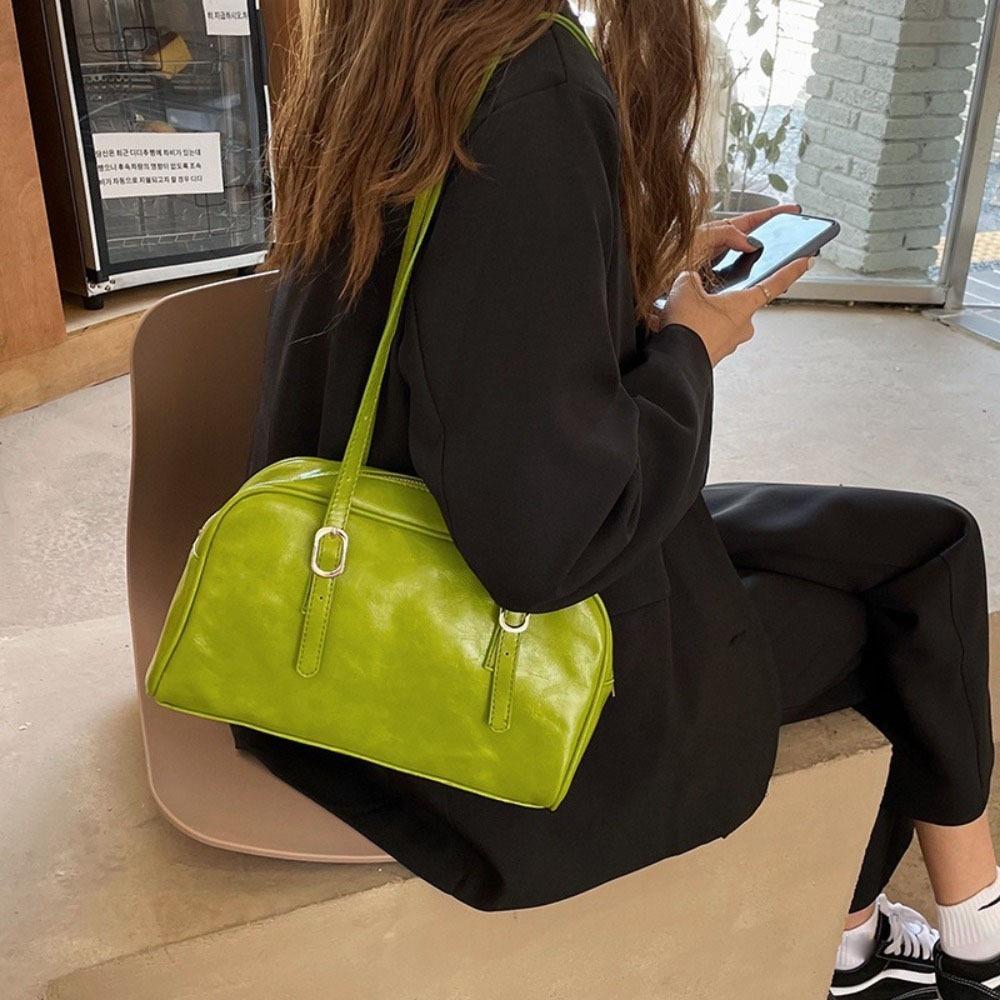 

Simple Green Bost Bag Korean Style Large Capacity Underarm Bag Solid Color Pillow Bag PU Leather Shoulder Bag Woman зелений